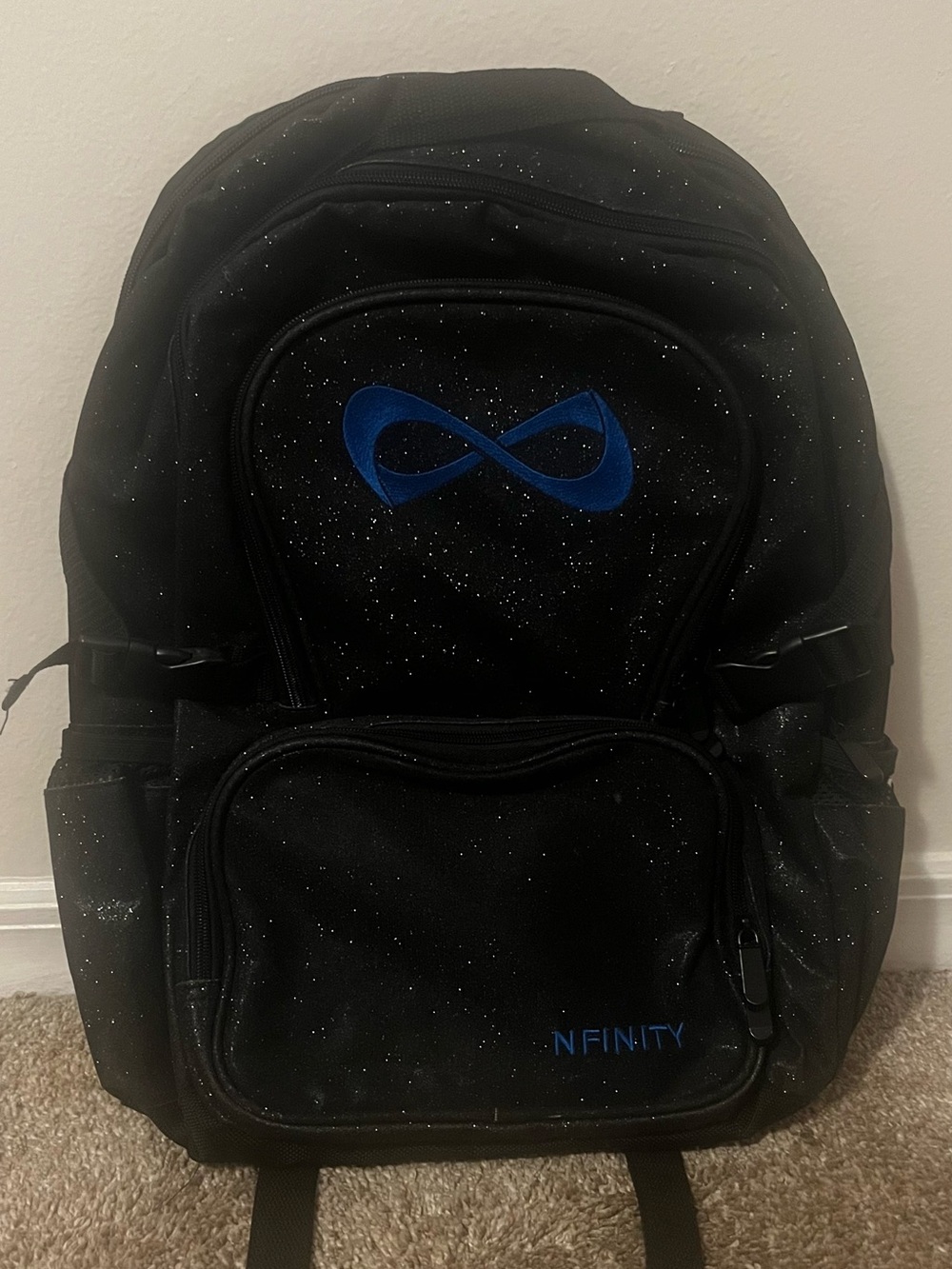 NFINITY Black Sparkle Cheer Backpack with Blue Details